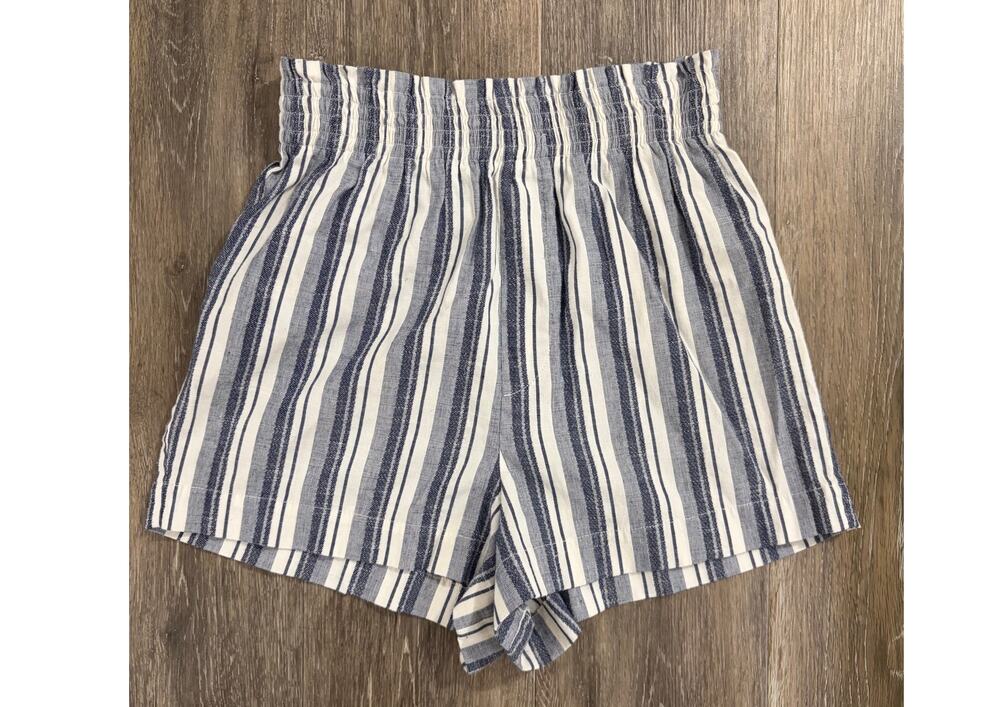 Kourt Striped Linen Blend Pull-On Shorts Blue White High Rise Size XS